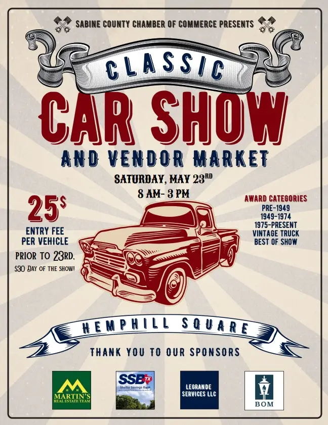 Sabine County Chamber of Commerce 2 Memorial Day Extravaganza - Car Show flyer
