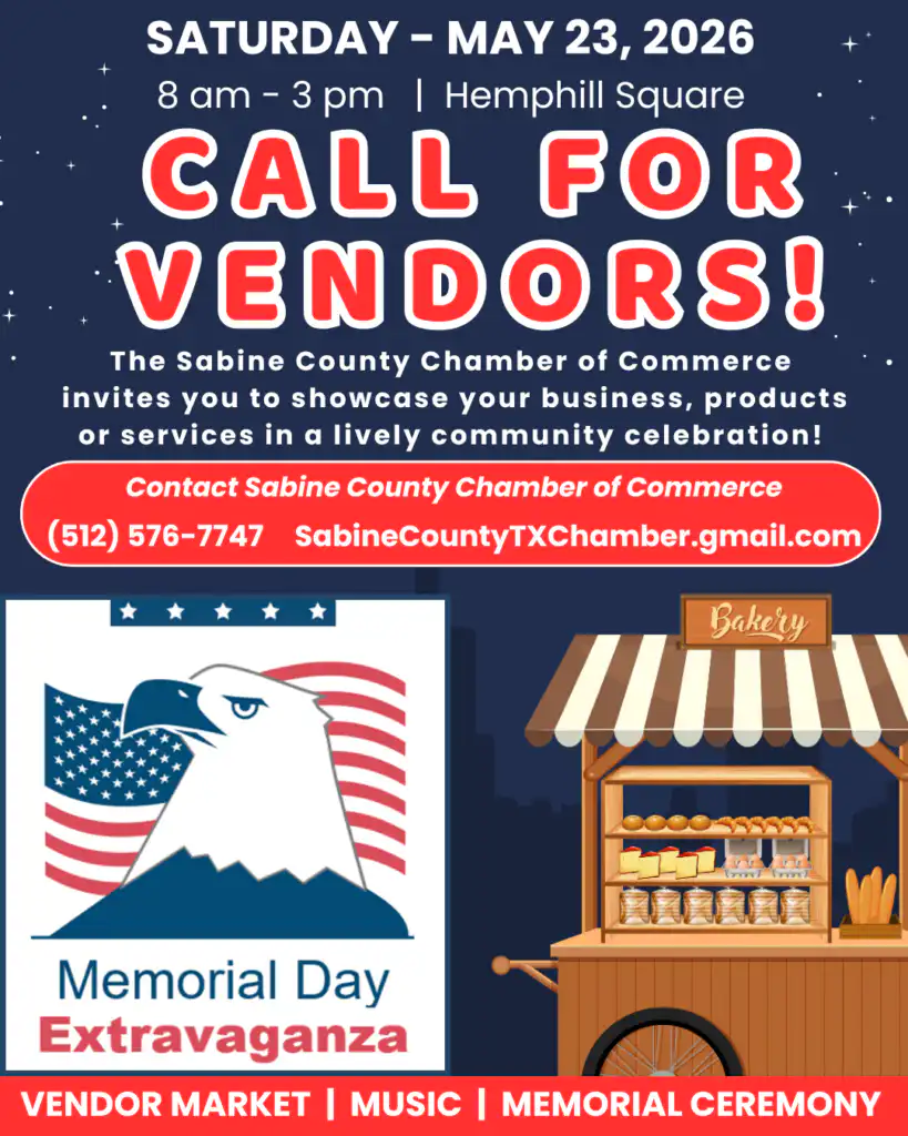 Sabine County Chamber of Commerce 4 Memorial Day Vendor Registration - blue background